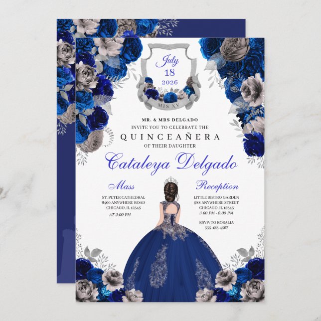 Royal Blue & Silver Floral Elegante Quinceañera Einladung (Vorne/Hinten)