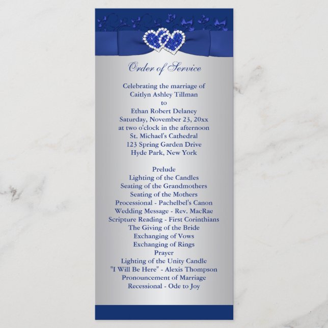 Royal Blue, Silver Floral Hearts Wedding Program Programm (Vorderseite)