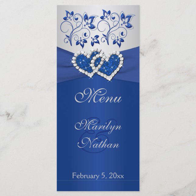 Royal Blue, Silver Floral Joined Hearded Card Menükarte (Vorderseite)