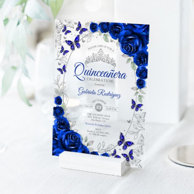 Royal Blue Silver Floral Quinceanera Acryleinladungen (Von Creator hochgeladen)