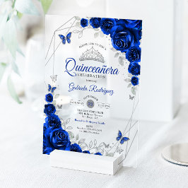Royal Blue Silver Floral Quinceanera Acryleinladungen