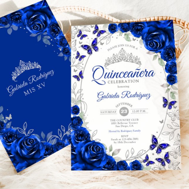 Royal Blue Silver Floral Quinceanera Einladung (Von Creator hochgeladen)