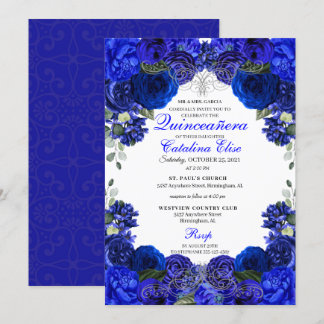 Royal Blue & Silver Floral Quinceanera Geburtstag Einladung