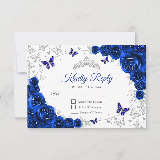 Royal Blue Silver Floral Quinceanera Reply RSVP Karte (Vorderseite)