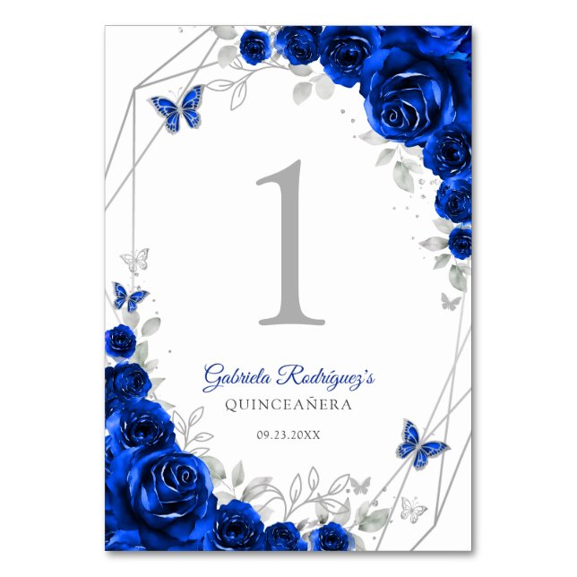 Royal Blue Silver Floral Quinceanera Tischnummer (Vorderseite)