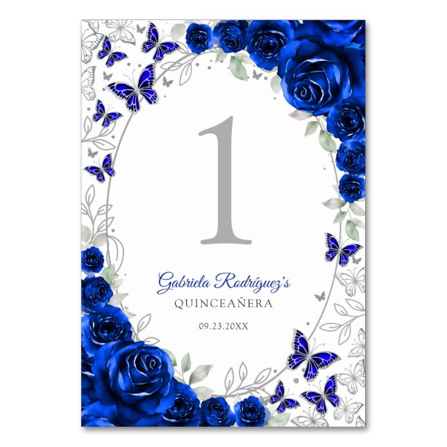Royal Blue Silver Floral Quinceanera Tischnummer (Vorderseite)