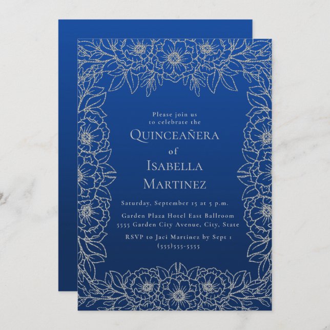 Royal Blue Silver Floral Quinceñera Sweet 15 Einladung (Vorne/Hinten)