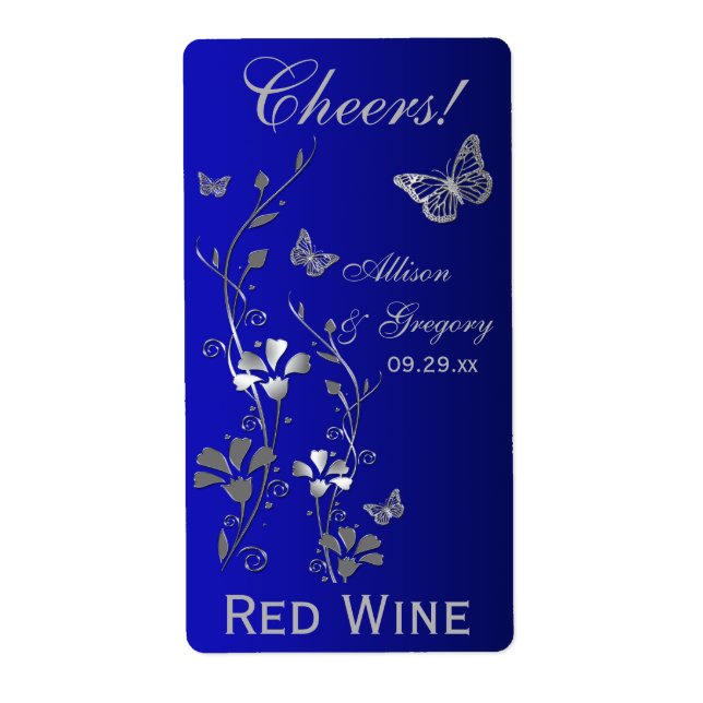 Royal Blue, Silver Floral Wedding Bottle Label (Vorne)