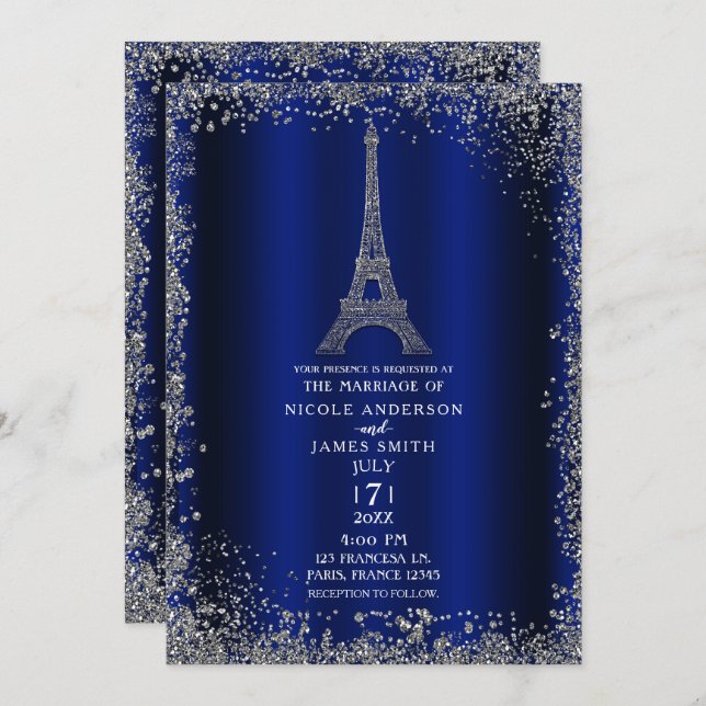 Royal Blue Silver Glitzer Eiffel Tower Wedding Einladung (Vorne/Hinten)