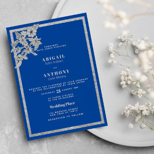 Royal Blue Silver Glitzer Floral Stilvolle Hochzei Einladung
