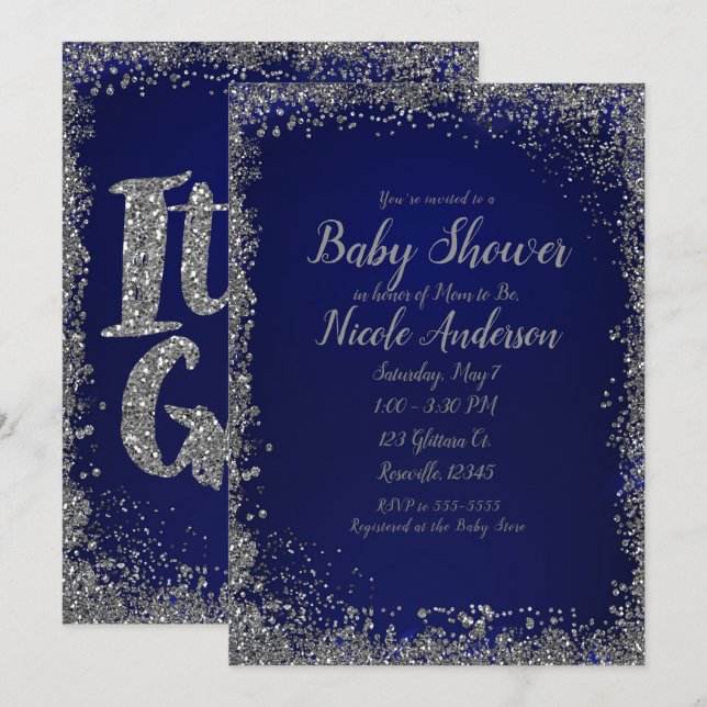 Royal Blue Silver Glitzer Glam Modern Baby Dusche Einladung (Vorne/Hinten)