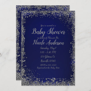 Royal Blue Silver Glitzer Glam Modern Baby Dusche Einladung
