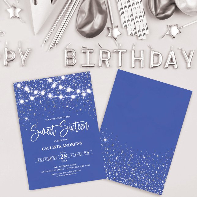 Royal Blue Silver Glitzer Glitzern Lights Sweet 16 Einladung (Von Creator hochgeladen)