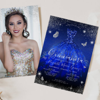 Royal Blue Silver Glitzer Gown Foto Quinceanera Einladung