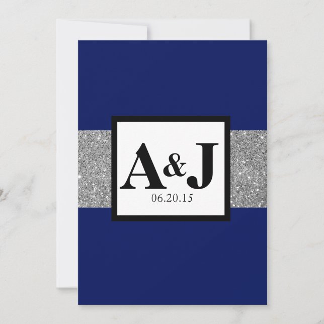Royal Blue Silver Glitzer Monogram Wedite Einladun Einladung (Vorderseite)