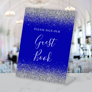 Royal Blue Silver Glitzer Wedding Guest Book Sockelschild