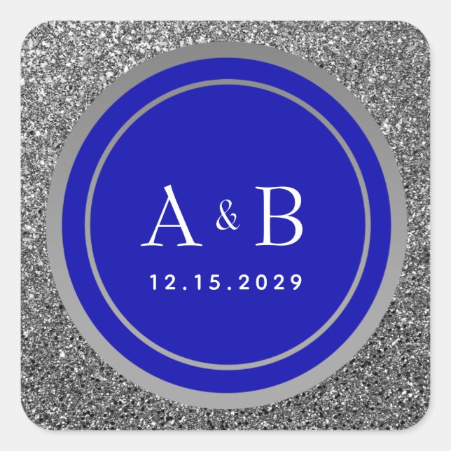 Royal Blue Silver Glitzer Wedding Quadratischer Aufkleber (Vorderseite)