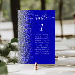Royal Blue Silver Glitzer Wedding Tischnummer<br><div class="desc">Der links Rand dieser eleganten modernen Hochzeitskarte weist eine silberne Imitat-Glitzer-Grenze auf. Das Wort "Tabelle" erscheint in weißem,  whimsical Handschrift Skript auf einem königsblauen Hintergrund. Fügen Sie die Namen Ihrer Gäste hinzu,  die jeder Tabelle zugeordnet sind</div>