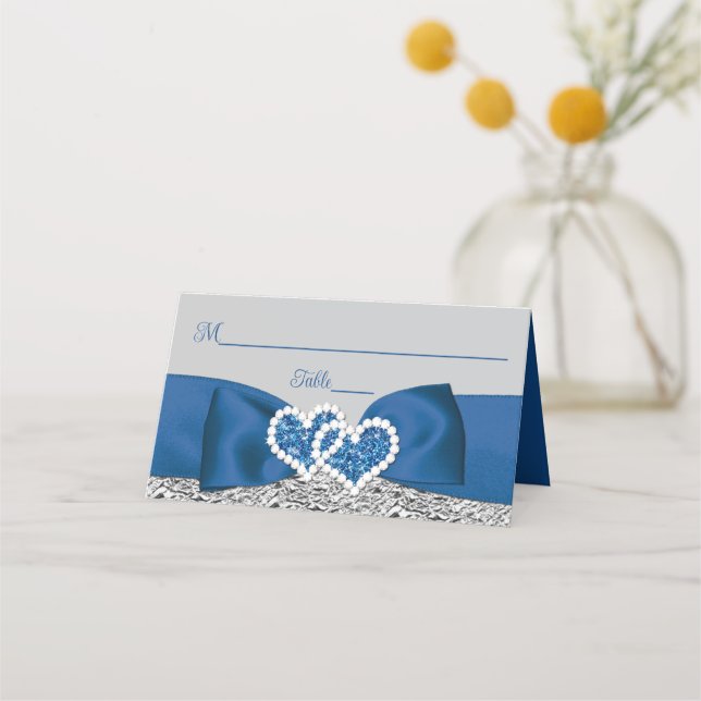Royal Blue, Silver, Gray Liebe Hearts Wedding Platzkarte (Vorderseite)