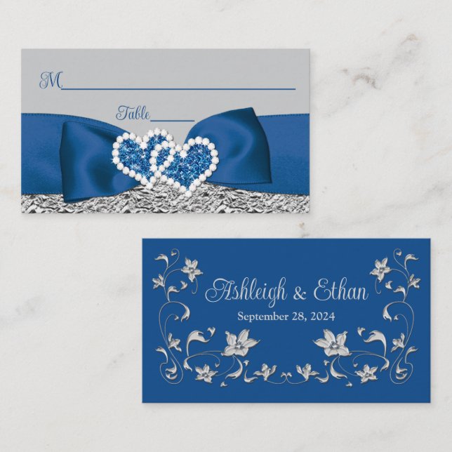 Royal Blue, Silver, Gray Liebe Hearts Wedding Platzkarte (Vorne/Hinten)