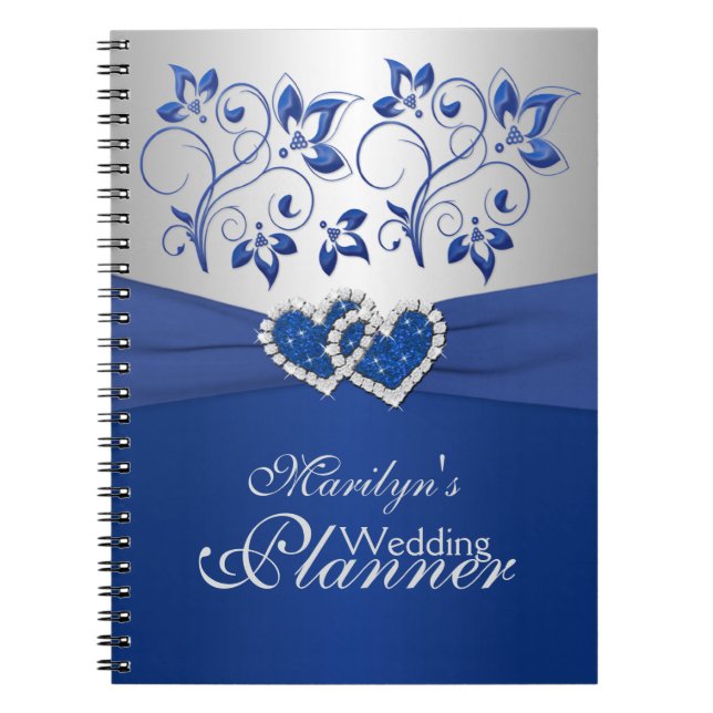 Royal Blue, Silver Joined Hearts Floral Notebook Notizblock (Vorderseite)
