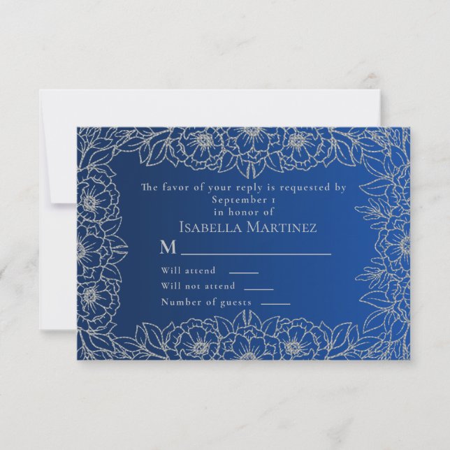 Royal Blue Silver Line Art Floral Quinceñera RSVP Karte (Vorderseite)