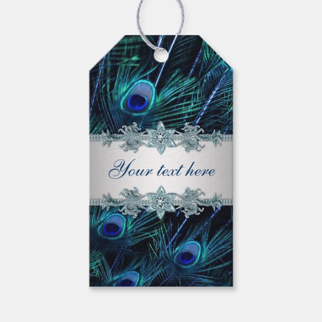 Royal Blue Silver Peacock Wedding Geschenkanhänger (Vorderseite)