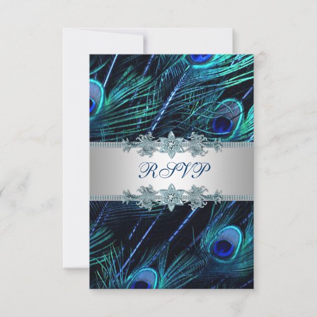 Royal Blue Silver Peacock Wedding RSVP (Vorderseite)