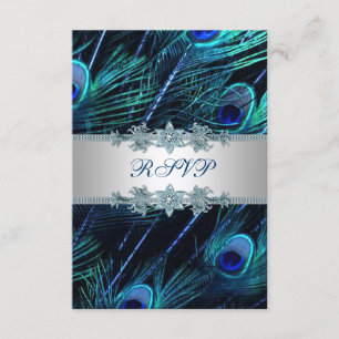 Royal Blue Silver Peacock Wedding RSVP Karte