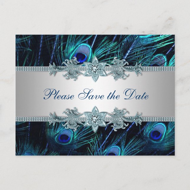 Royal Blue Silver Peacock Wedding Save the Date Ankündigungspostkarte (Vorderseite)