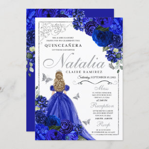 Royal Blue Silver Princess Butterflies Quinceañera Einladung