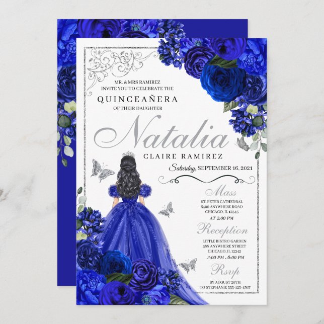Royal Blue Silver Princess Butterflies Quinceañera Einladung (Vorne/Hinten)