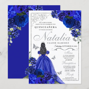 Royal Blue Silver Princess Butterflies Quinceañera Einladung