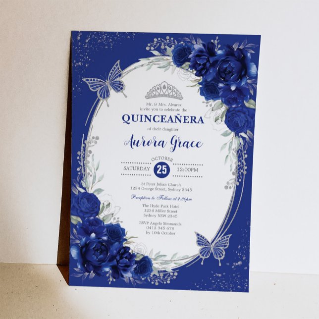 Royal Blue Silver Quinceañera Mis Quince 15 Anos Einladung (Von Creator hochgeladen)