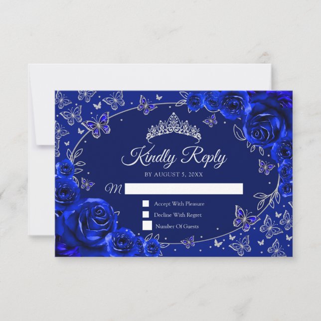 Royal Blue Silver Quinceanera Reply RSVP Karte (Vorderseite)