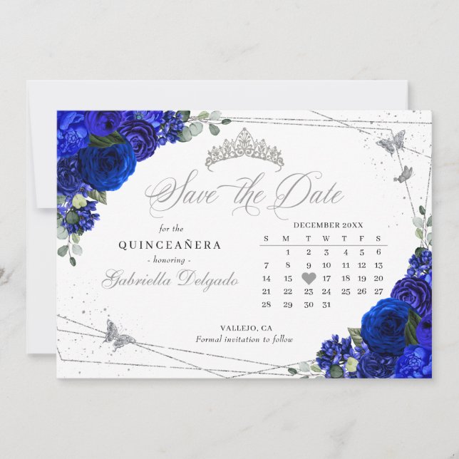 Royal Blue & Silver Quinceñera Save the Date Einladung (Vorderseite)