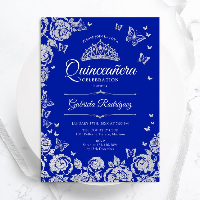 Royal Blue Silver Rose Butterfets Quinceanera Einladung (Von Creator hochgeladen)