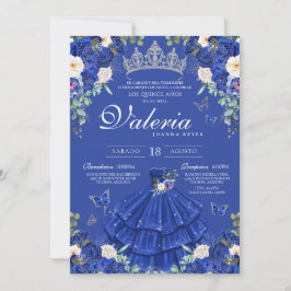 Royal Blue Silver Rose Elegante Princess Quinces Einladung