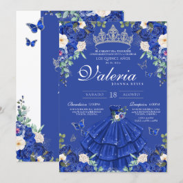 Royal Blue Silver Rose Elegante Princess Quinces Einladung