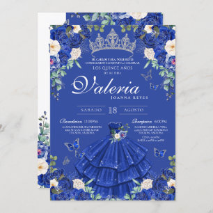 Royal Blue Silver Rose Elegante Princess Quinces Einladung