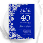 Royal Blue Silver Rose Überraschung 40. Geburtstag Einladung<br><div class="desc">Königlich blaue Blumenüberraschung 40. Geburtstag Party Einladung. Elegantes Design mit Rose,  Imitaten silberne Folie und Typografie Script Schriftart. Die trendige Einladungskarte eignet sich perfekt für eine stilvolle Damenfeier. Kann für jedes Alter angepasst werden. Gedruckte Zazzle Einladungen oder Sofortdownload digitalen druckbaren Vorlage.</div>