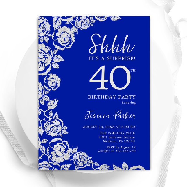 Royal Blue Silver Rose Überraschung 40. Geburtstag Einladung (Von Creator hochgeladen)