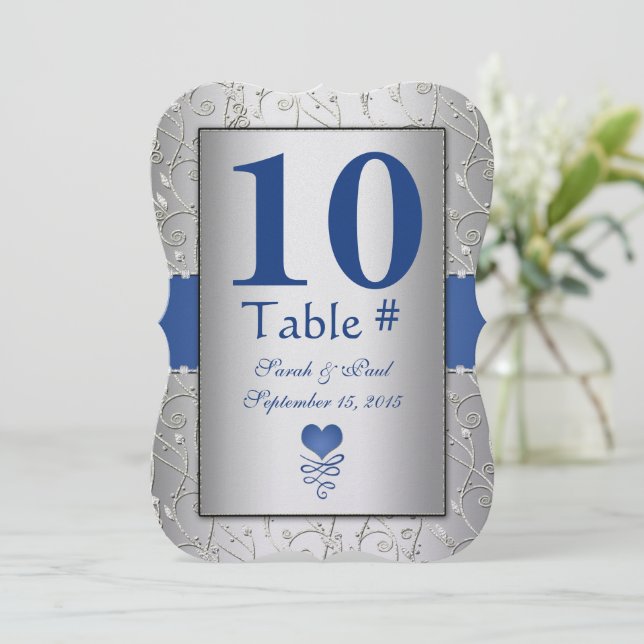 Royal Blue Silver Swirl Wedding Einladung (Stehend Vorderseite)