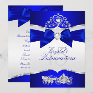 Royal Blue Silver Tiara Pearl Bow Quinceanera Einladung