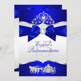 Royal Blue Silver Tiara Pearl Bow Quinceanera Einladung