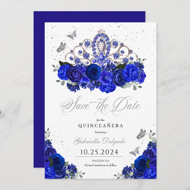 Royal Blue Silver Tiara Save the Date Quinceañera Einladung (Vorne/Hinten)