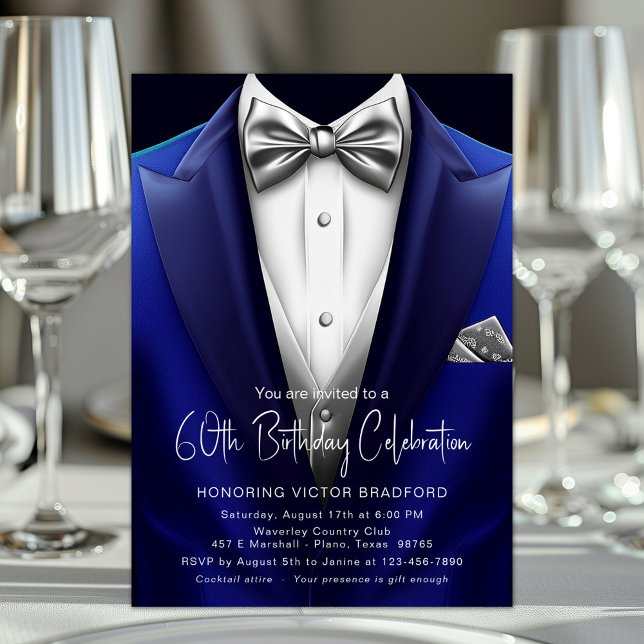 Royal Blue Silver Tuxedo Mens beliebige Anzahl Geb Einladung (Any number birthday, retirement, formal occasion blue and silver tuxedo invitation. )