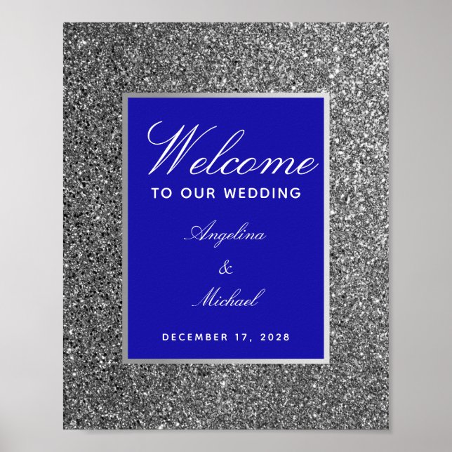 Royal Blue Silver Wedding Welcome Poster (Vorne)