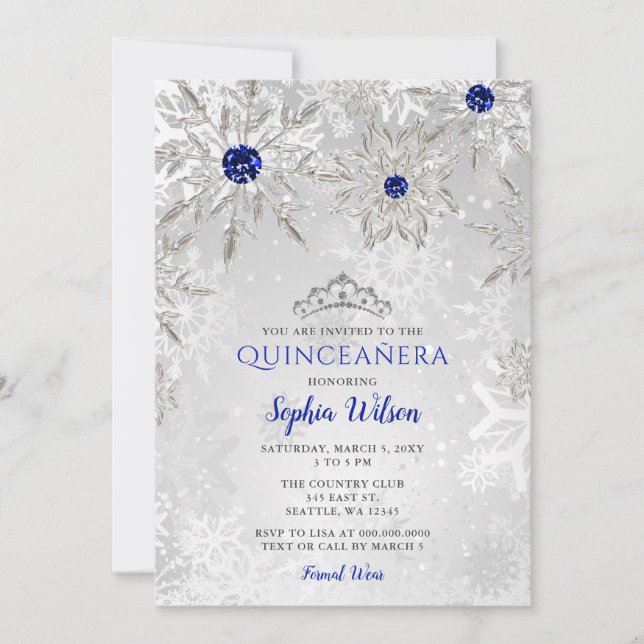 Royal Blue Snowflakes Tiara Quinceañera Einladung (Vorderseite)