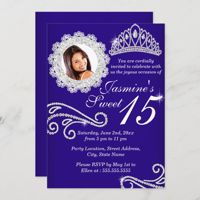 Royal Blue Sparkle Diamond Tiara Foto Quinceanera Einladung (Vorne/Hinten)